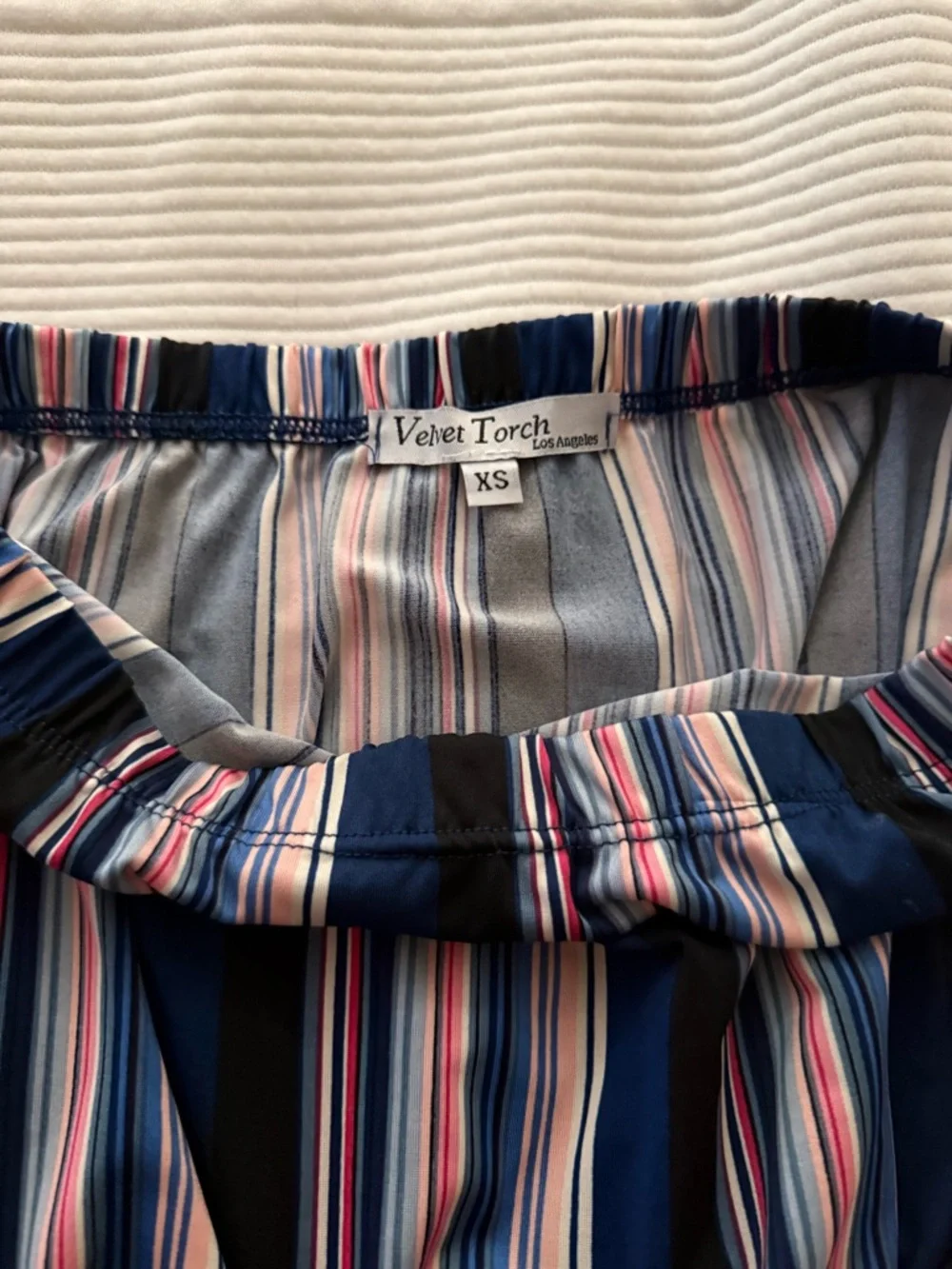 Striped Boho Navy & Multi Colored Strapless Jumpsuit Romper-Pockets & Tie Waist